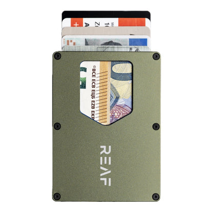 REAF wallet olive – minimalistische Aluminium Geldbörse, Frontansicht