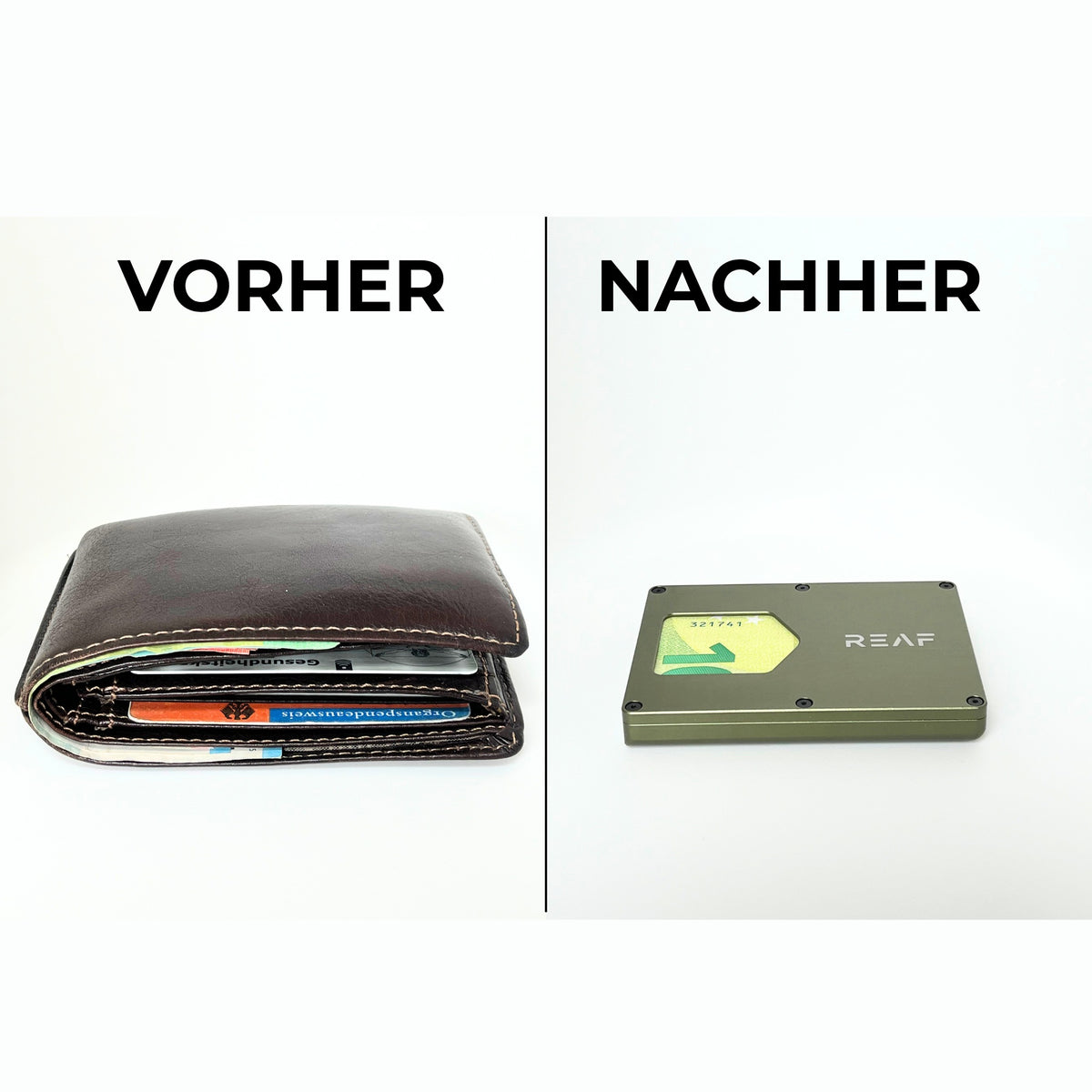 Vergleich: dicker Geldbeutel neben einem flachen REAF Slim Wallet